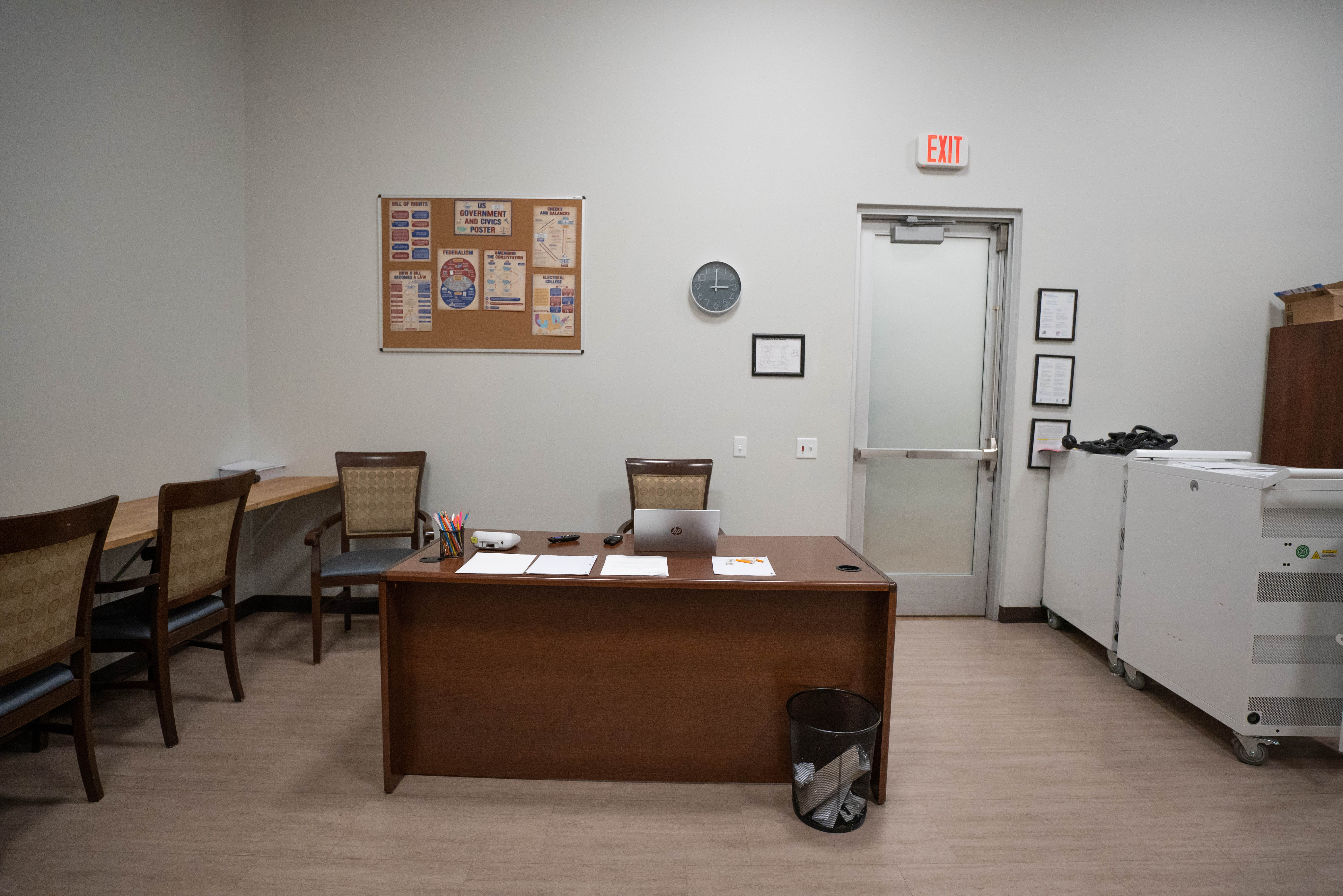 Silver State classroom teacher station with desk and printer