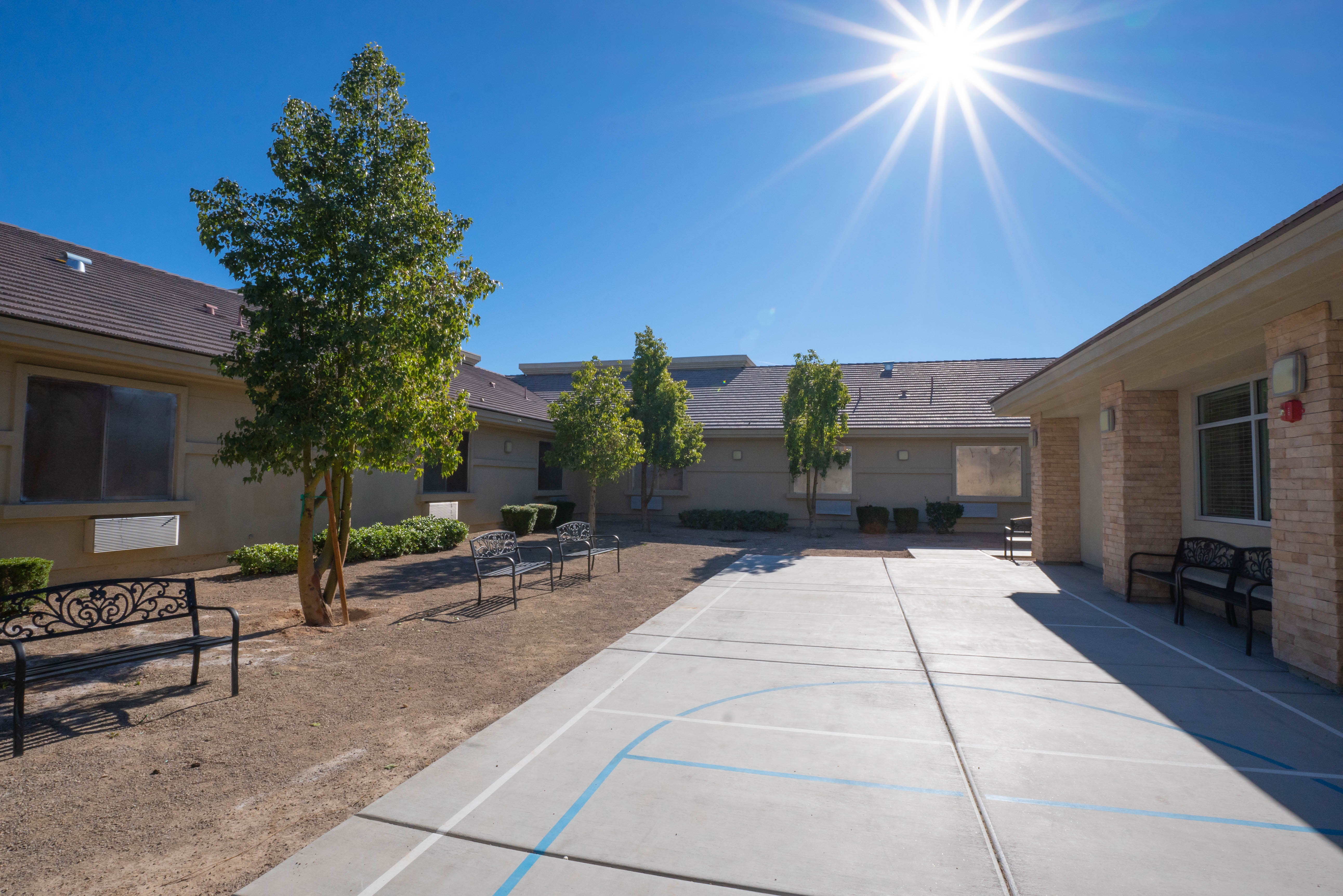 Silver State courtyard with trees and benches