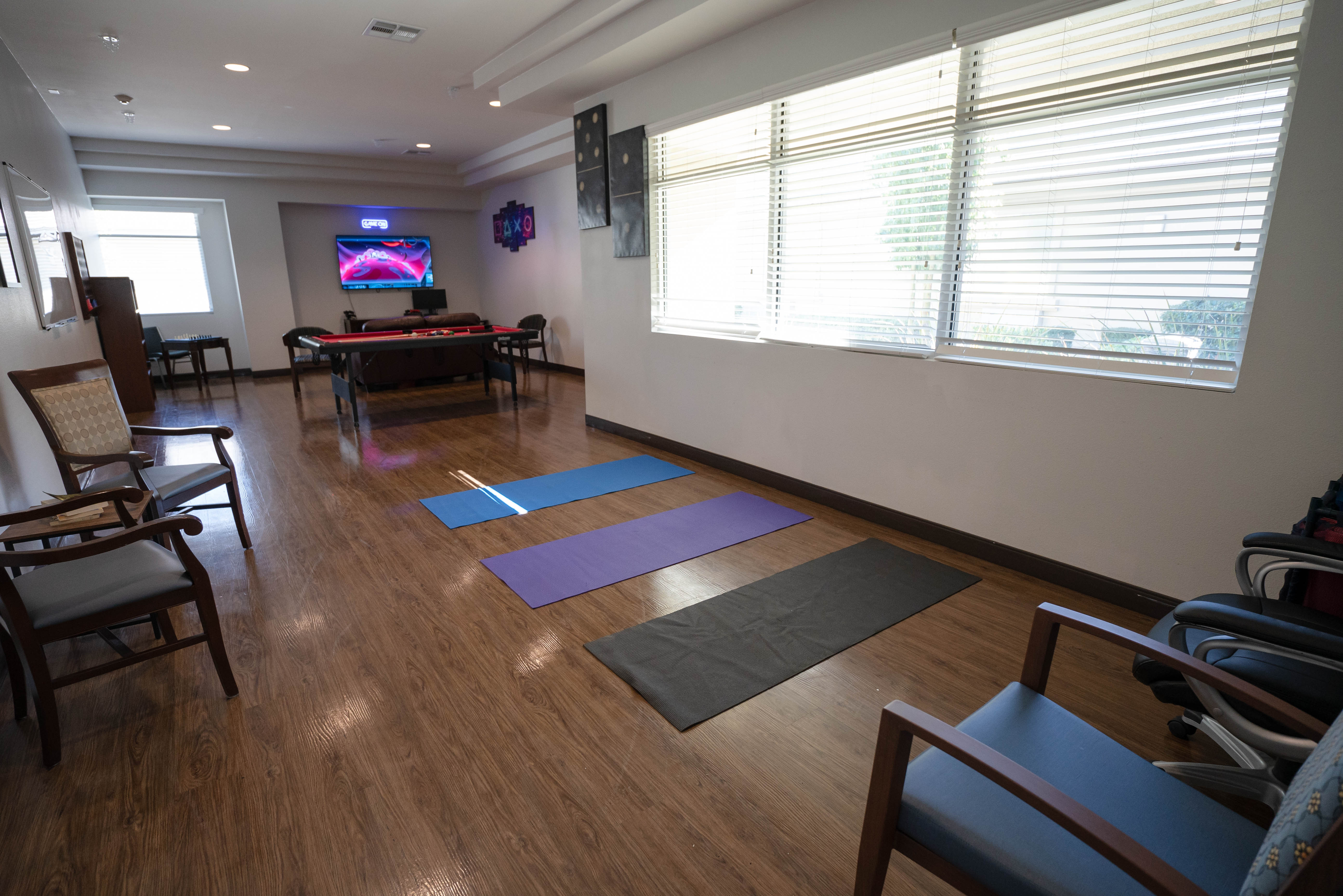 Silver State recreation room with yoga and gaming